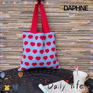 Daphne กระเป๋าถือ กระเป๋าช้อปปิ้ง ทรงโท้ท ผ้าถัก รูปหัวใจ แฮนด์เมด ใช้ซ้ําได้ สีตัดกัน สําหรับผู้หญิง