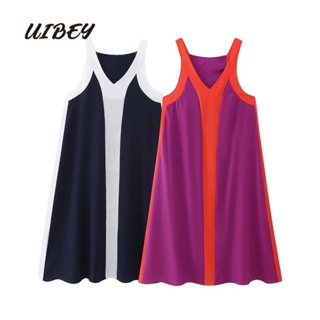 Uibey ชุดเดรส คอวี แขนกุด สีพื้น แฟชั่น 3893