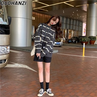 Duohanzi เสื้อกันหนาว ผ้าถัก ลายทาง สไตล์เกาหลี ย้อนยุค ฤดูใบไม้ร่วง และฤดูหนาว สําหรับผู้หญิง