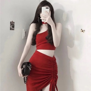 Hot Sale# Korean style hot girl fried street Low-shoulder waist-exposed short top pleated lace-up hip-wrapped skirt suit for women 2023 Summer new 8cc