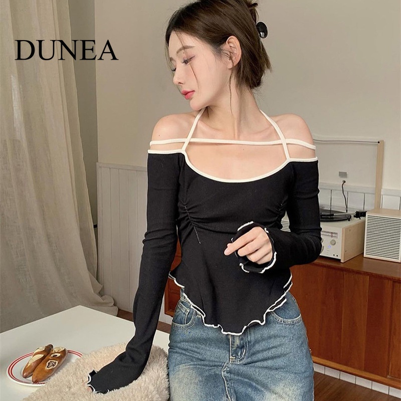 dunea-เสื้อแขนยาว-เปิดไหล่ข้างเดียว-ขอบไม้-เซ็กซี่-สําหรับผู้หญิง