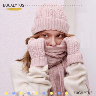 Eutus หมวกบีนนี่ ผ้าพันคอ ผ้าวูลถัก สีพื้น ให้ความอบอุ่น แฟชั่นฤดูหนาว สําหรับผู้หญิง