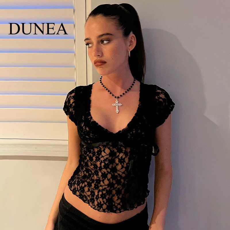 dunea-เสื้อลูกไม้ซีทรู-คอวี-แขนสั้น-แบบผูกเชือก-เซ็กซี่-สําหรับผู้หญิง