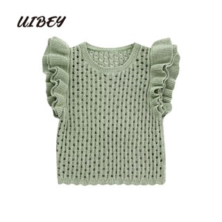 Uibey เสื้อถัก คอกลม แขนพอง สีพื้น แฟชั่น 3919