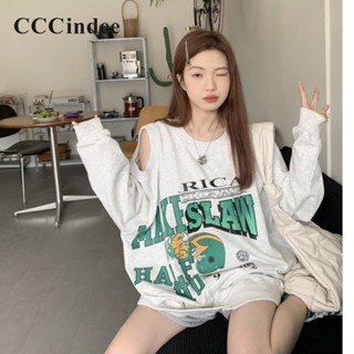 Cccindee ใหม่ เสื้อกันหนาว คอกลม แขนยาว เปิดไหล่ พิมพ์ลาย ทรงหลวม เข้ากับทุกการแต่งกาย แฟชั่นสําหรับผู้หญิง 2023