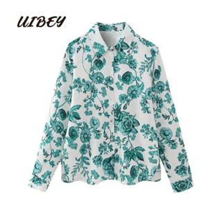 Uibey เสื้อเชิ้ตแขนยาว คอปก พิมพ์ลาย ทรงหลวม แฟชั่น 3913