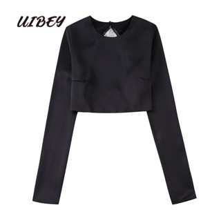 Uibey เสื้อเชิ้ต คอกลม แขนยาว เปิดหลัง แฟชั่น 3903