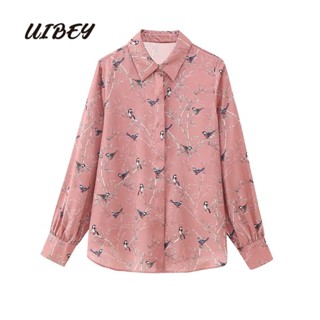 Uibey เสื้อเชิ้ตแขนยาว ผ้าไหมซาติน คอปก แฟชั่น 3928