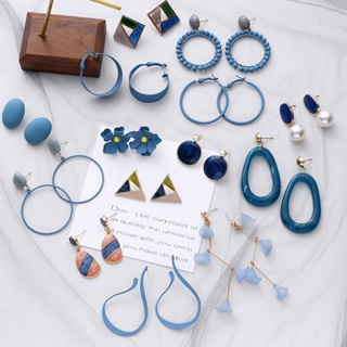 Korean temperament new vintage blue earrings simple literary personality trend flower geometric earrings