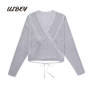 Uibey เสื้อถักแฟชั่น แขนยาว คอวี ซ้อนทับกัน 3872