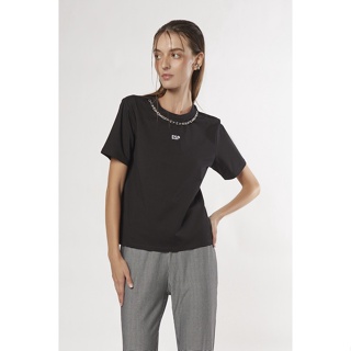 ESP เสื้อทีเชิ้ตแต่งโซ่ ผู้หญิง สีดำ | Tee Shirt with Decorative Chain | 05991