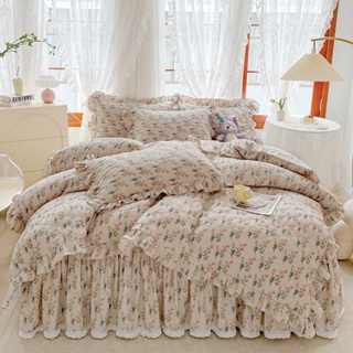 4 IN 1 ชุดเครื่องนอน ผ้าปูที่นอน ปลอกหมอน ผ้านวม พิมพ์ลายดอกไม้ ลูกไม้ ระบายอากาส สไตล์ราชินี คิง คิงไซซ์ ขนาดใหญ่