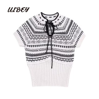 Uibey เสื้อถักแจ็คคาร์ด คอกลม แขนสั้น แฟชั่น 3871