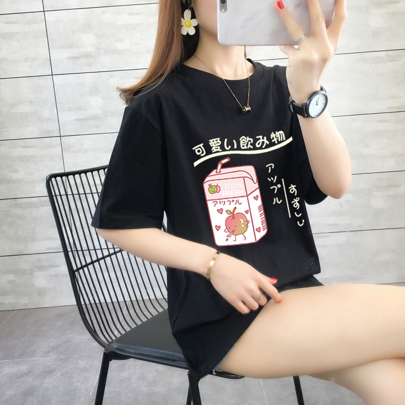เสื้อยืดคอกลม-แขนสั้น-ผ้าฝ้าย-100-พิมพ์ลายเครื่องดื่มน่ารัก-ทรงหลวม-โอเวอร์ไซซ์-แฟชั่นฤดูร้อน-สําหรับผู้หญิง-ไซซ์-s-3xl