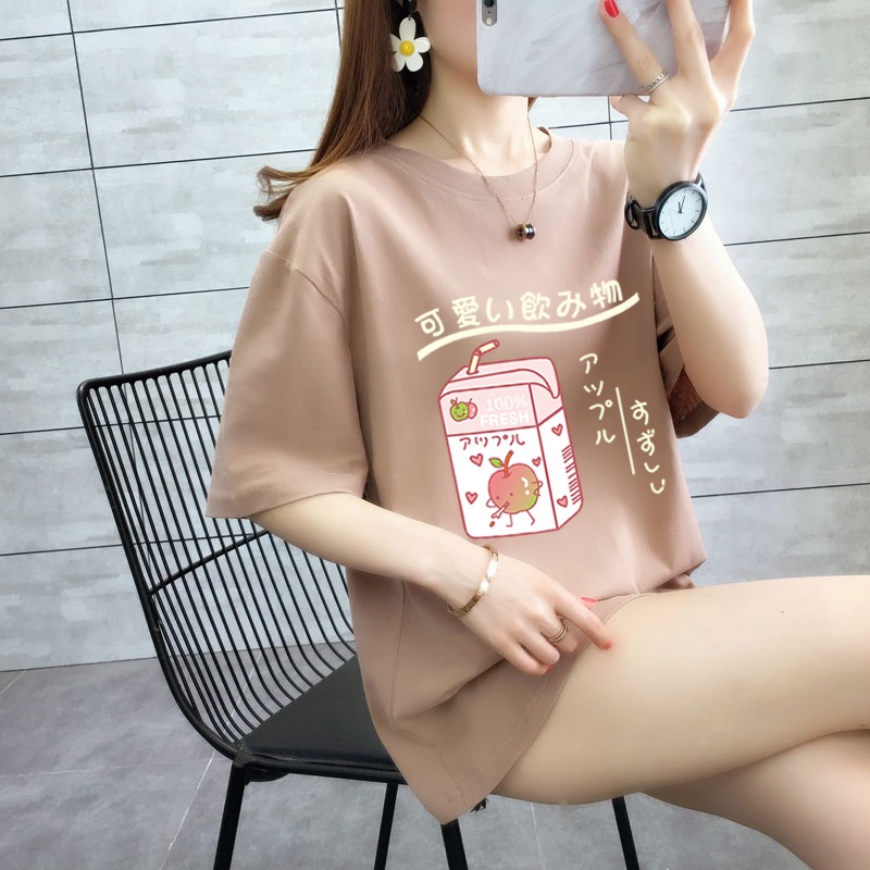 เสื้อยืดคอกลม-แขนสั้น-ผ้าฝ้าย-100-พิมพ์ลายเครื่องดื่มน่ารัก-ทรงหลวม-โอเวอร์ไซซ์-แฟชั่นฤดูร้อน-สําหรับผู้หญิง-ไซซ์-s-3xl