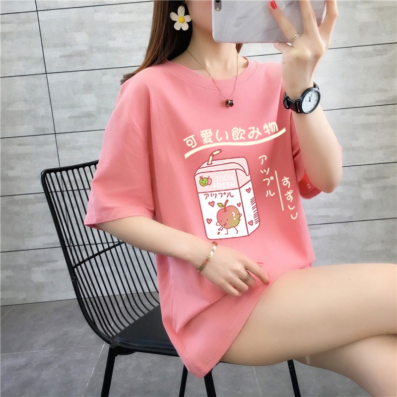 เสื้อยืดคอกลม-แขนสั้น-ผ้าฝ้าย-100-พิมพ์ลายเครื่องดื่มน่ารัก-ทรงหลวม-โอเวอร์ไซซ์-แฟชั่นฤดูร้อน-สําหรับผู้หญิง-ไซซ์-s-3xl
