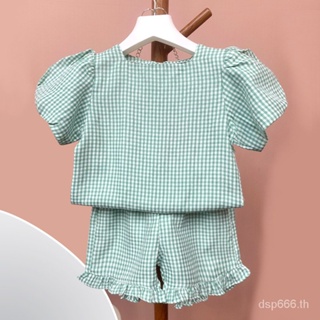 Girls set summer new small and medium-sized childrens short-sleeved casual plaid childrens clothing cute two-piece set one-piece generation JPIF