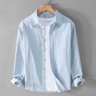 เสื้อเชิ้ตแขนยาว แบบบาง ลําลอง สีพื้น สไตล์ญี่ปุ่น เรียบง่าย เหมาะกับฤดูร้อน สําหรับผู้ชาย มี 6 สี