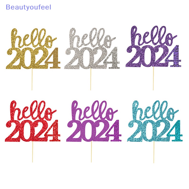 beautyoufeel-ท็อปเปอร์ไม้จิ้มฟัน-ลาย-happy-new-year-2024-สําหรับตกแต่งเค้กคริสต์มาส-2024-10-ชิ้น