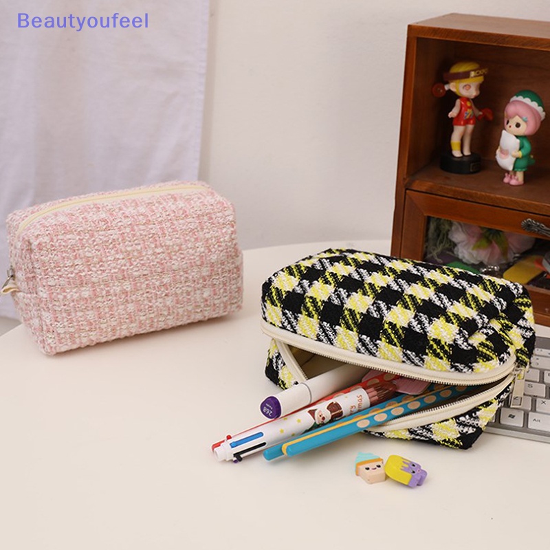 beautyoufeel-กระเป๋าดินสอ-เครื่องสําอาง-ผ้าแคนวาส-ลายสก๊อต-สีดํา-สําหรับเดินทาง