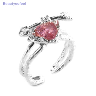 [Beautyoufeel] แหวนนิ้วมือ โลหะผสมคริสตัล รูปหัวใจ สีชมพู ปรับได้ สไตล์เกาหลี โกธิค พังก์ เครื่องประดับ สําหรับผู้หญิง
