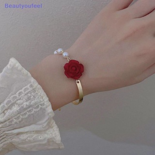 [Beautyoufeel] สร้อยข้อมือมุกเทียม ดอกกุหลาบ สีแดง สไตล์เกาหลี ปรับได้ เครื่องประดับ สําหรับผู้หญิง งานแต่งงาน