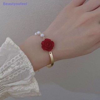 [Beautyoufeel] สร้อยข้อมือมุกเทียม ดอกกุหลาบ สีแดง สไตล์เกาหลี ปรับได้ เครื่องประดับ สําหรับผู้หญิง งานแต่งงาน