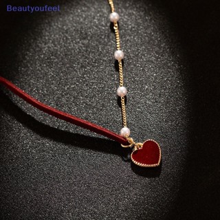 [Beautyoufeel] สร้อยคอโช้คเกอร์ จี้รูปหัวใจ ประดับมุก สีแดง เรียบง่าย เครื่องประดับ สําหรับผู้หญิง