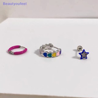 [Beautyoufeel] ต่างหูสตั๊ด รูปหัวใจ ดาว หลากสี สไตล์วินเทจ 3 ชิ้น ต่อชุด