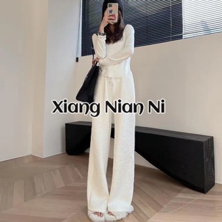 Xiang Nian Ni กางเกงขากว้างลําลอง ผ้าเดรป เอวสูง ทรงตรง