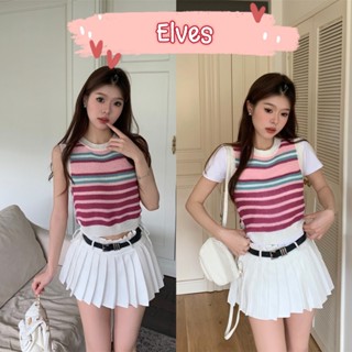 Elves✨พร้อมส่ง✨ เสื้อครอปแขนกุดไหมพรม คอกลมสีชมพู ~32178~ -C