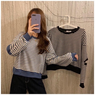 8153# New loose striped student long-sleeved T-shirt thin sweatshirt for women
