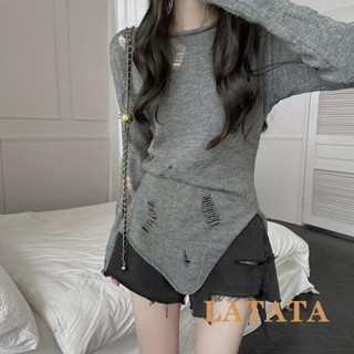 Latata- เสื้อยืดคอกลม แขนยาว ผ้าถัก สีพื้น น้ําหนักเบา แฟชั่นฤดูใบไม้ผลิ และฤดูร้อน สําหรับผู้หญิง