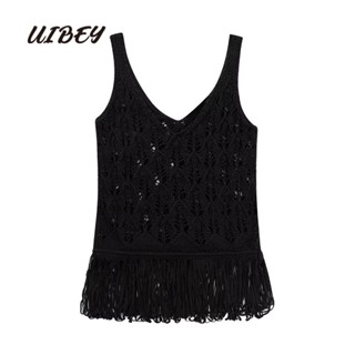 Uibey เสื้อถัก แขนกุด ประดับพู่ แฟชั่น 3887