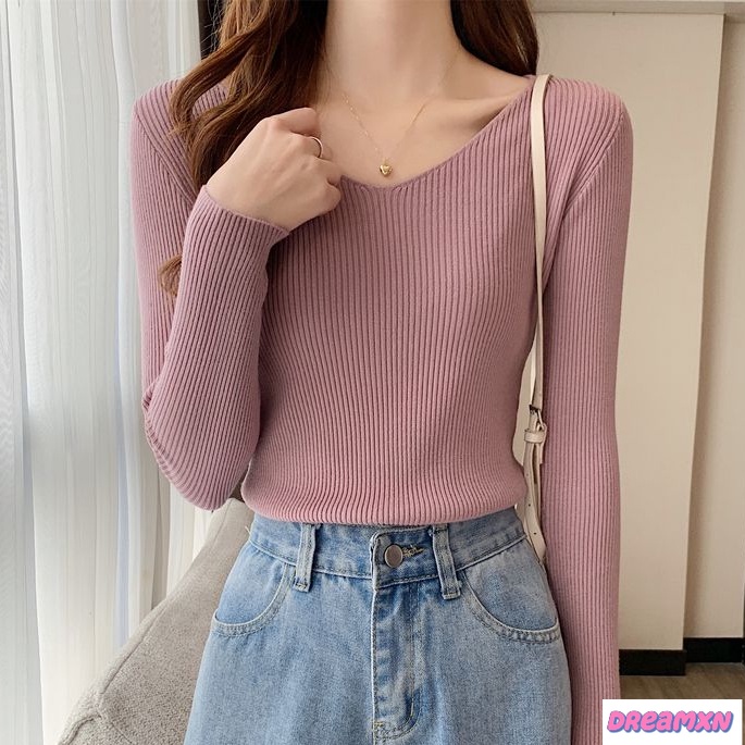 เสื้อแขนยาว-คอวี-ผ้าถัก-พลัสไซซ์-สไตล์เกาหลี-สําหรับผู้หญิง