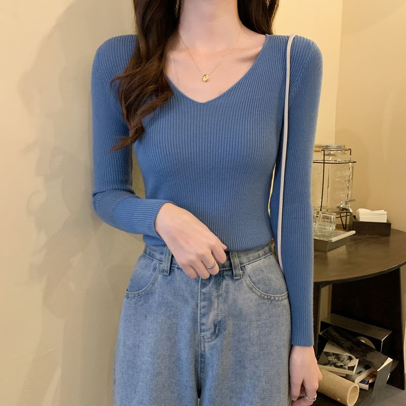 เสื้อแขนยาว-คอวี-ผ้าถัก-พลัสไซซ์-สไตล์เกาหลี-สําหรับผู้หญิง