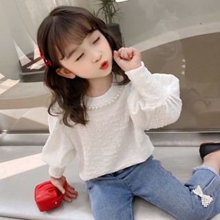 เสื้อยืดแขนยาว ประดับลูกปัด แฟชั่นฤดูใบไม้ผลิ สไตล์เกาหลี สําหรับเด็กผู้หญิง 2023