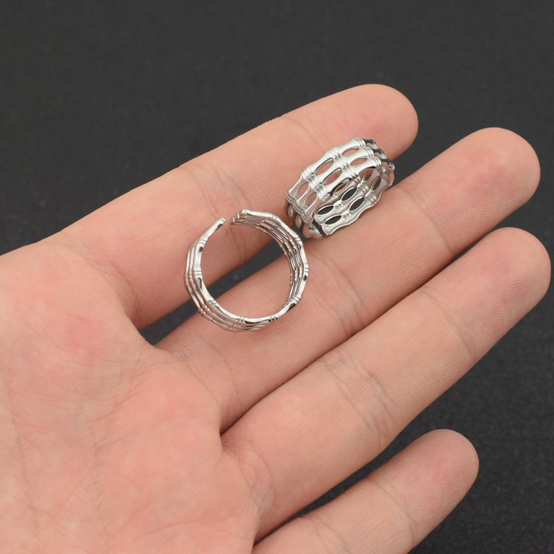 แหวนสเตนเลส-รูปโครงกระดูกไม้ไผ่-ปรับขนาดได้-ไม่ซีดจาง-สําหรับผู้หญิง