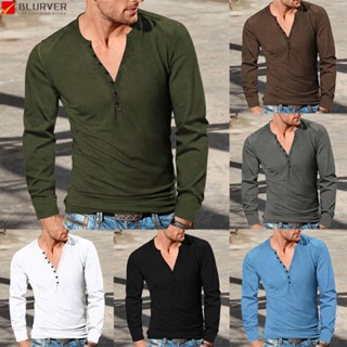 เสื้อยืดลําลอง แขนยาว ลาย Henley สีดํา สไตล์คลาสสิก เรโทร สําหรับผู้ชาย