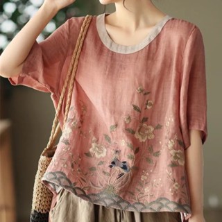 เสื้อเบลาส์ลําลอง ผ้าฝ้าย และผ้าลินิน คอกลม พิมพ์ลาย Blusa Mujer สไตล์วินเทจ แฟชั่นฤดูร้อน สําหรับสตรี 2023