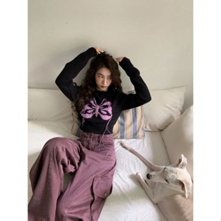 เสื้อกันหนาวแขนยาวลําลอง คอกลม ปักลายผีเสื้อ สีน้ําตาล แฟชั่นฤดูใบไม้ร่วง และฤดูหนาว สไตล์เรโทร สําหรับผู้หญิง C1SQ