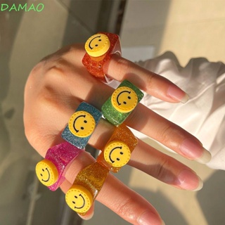 Damao แหวนอะคริลิคใส ลายการ์ตูนหน้ายิ้มน่ารัก แต่งกลิตเตอร์ เครื่องประดับแฟชั่น