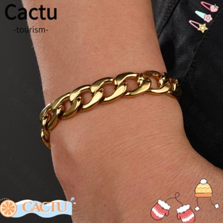 Cactu สร้อยข้อมือ สเตนเลส สีทอง โซ่เชื่อมโยง ขอบคิวบา บุคลิกภาพ เรขาคณิต สร้อยข้อมือสเตนเลส ผู้ชาย