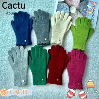 Cactu ถุงมือถักโครเชต์ ผ้าวูล แบบเต็มนิ้ว กันความเย็น สีพื้น สําหรับผู้ชาย และผู้หญิง