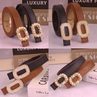 Pearl square buckle French ladys first layer cowhide belt belt Korean version simple belt dress waist seal new style