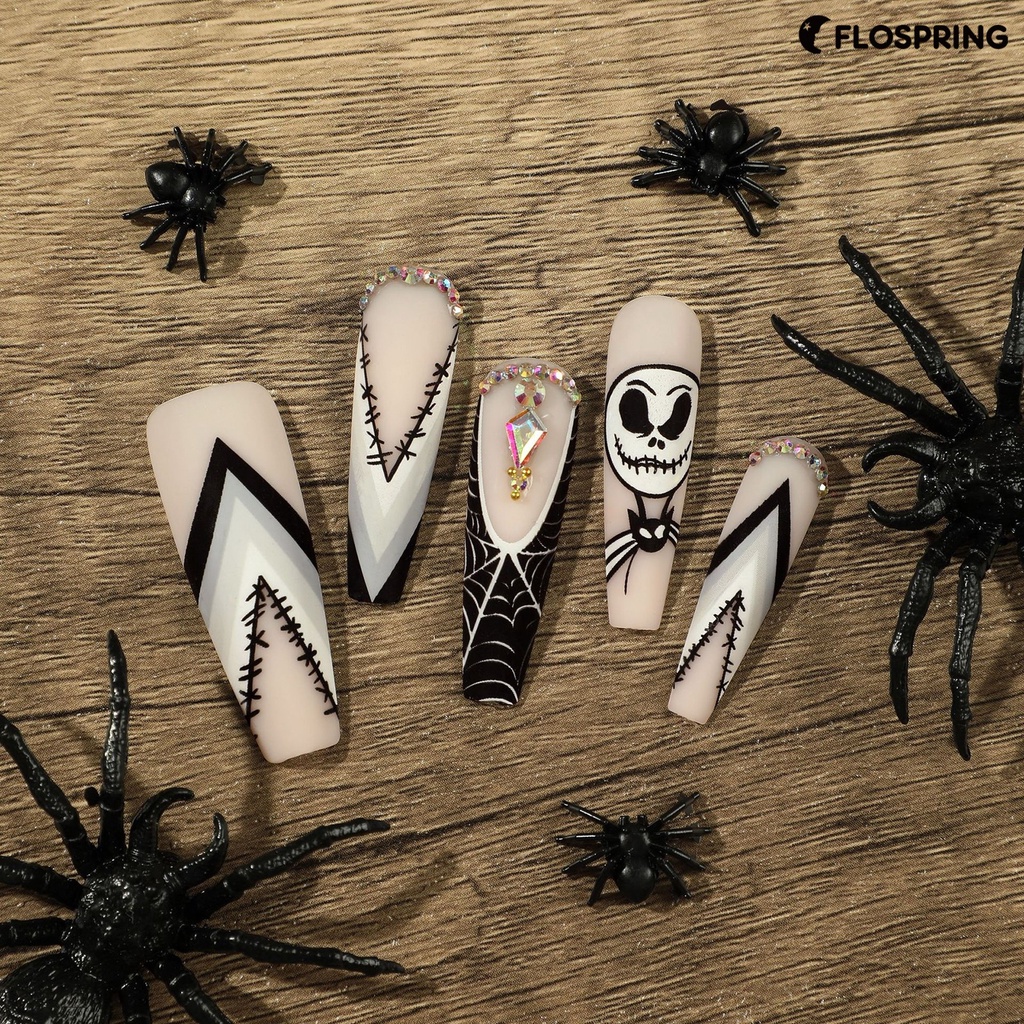 flospring-เล็บปลอม-พิมพ์ลายหัวกะโหลก-ประดับเพชรเทียม-diy-1-ชุด