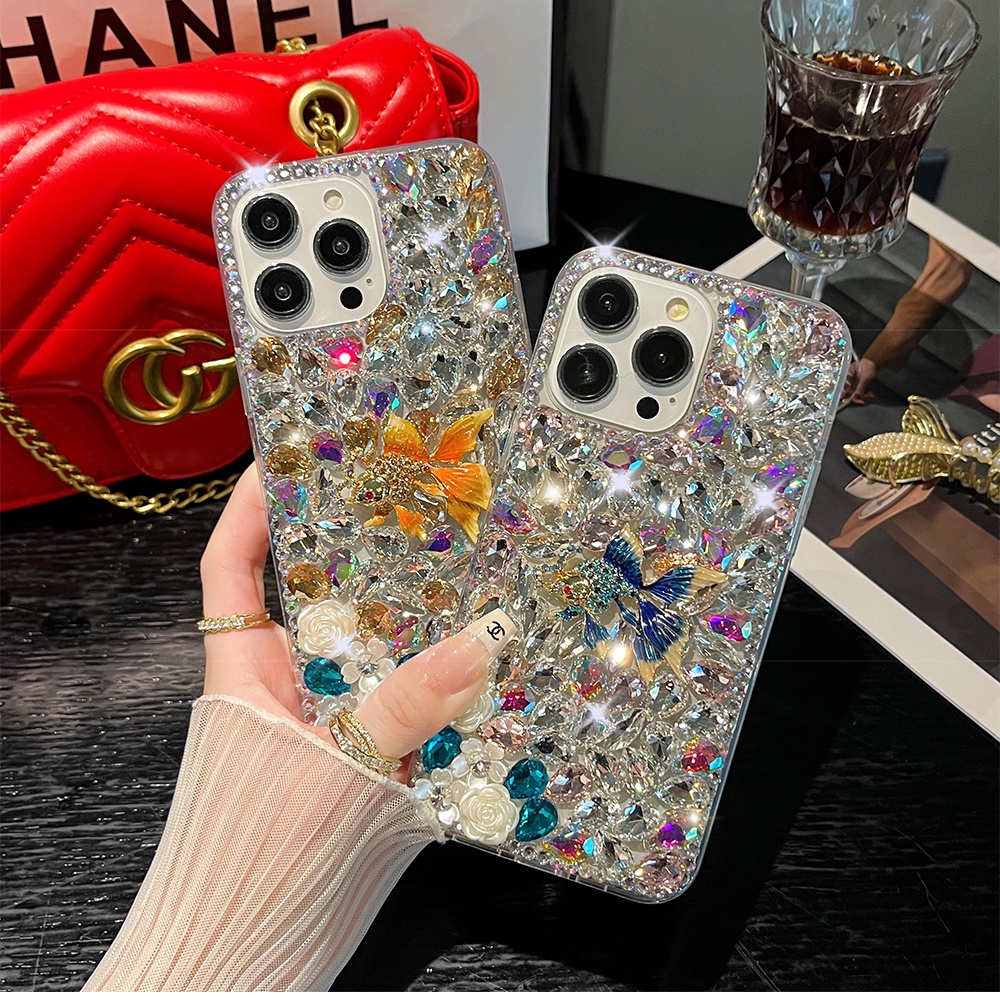 เคส-iphone-15-14-pro-max-13-12-11-pro-max-xs-max-13-12-โทรศัพท์มือถือ-ลายดอกไม้-ปลาทอง-3d-ประดับพลอยเทียม-หรูหรา-สําหรับ