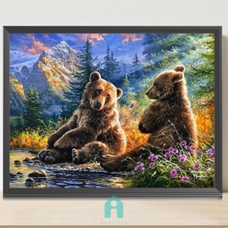 [Acelit.th] ภาพวาดปักเพชร ทรงสี่เหลี่ยม ลายหมีบราวน์ในป่า 5D ขนาด 40X30 ซม. DIY