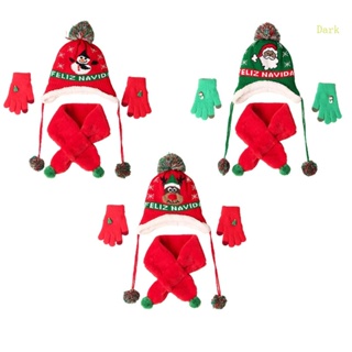 ชุดถุงมือ และหมวก ลายคริสต์มาส สีเข้ม แฟชั่นฤดูหนาว สําหรับเด็กวัยหัดเดิน อายุ 2-6 ปี