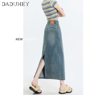 DaDuHey🎈 Korean Style Women Ins High Street High Waist Slit Denim Skirt 2023 New Autumn A- Line Sheath Long Skirt